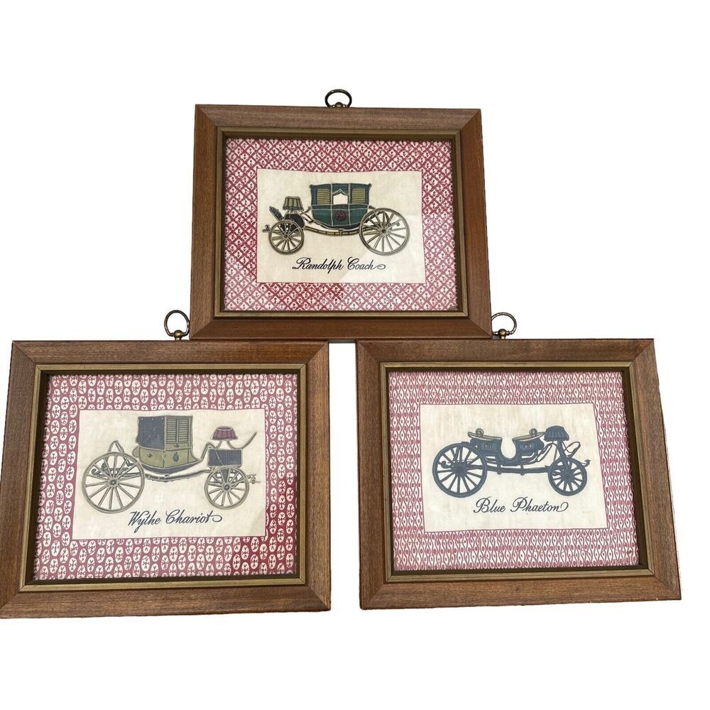 Antique Carriages Cross Stitch Framed Artwork Set of‎ 3 Chariot Phaeton Coach